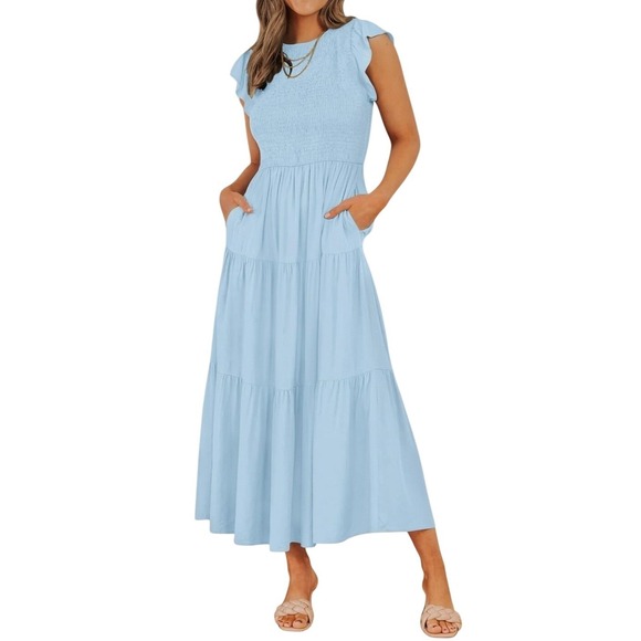 Zesica Smocked Maxi Dress Ruffle Sleeve Tiered Casual Blue Dress Size L Nwot - Picture 1 of 15